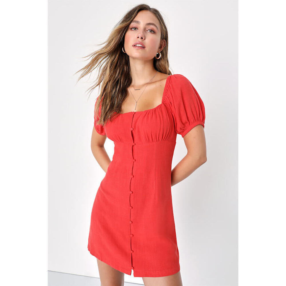 Lulus Sweetest Darling Red Linen Puff Sleeve Button-up Mini Dress - Size M